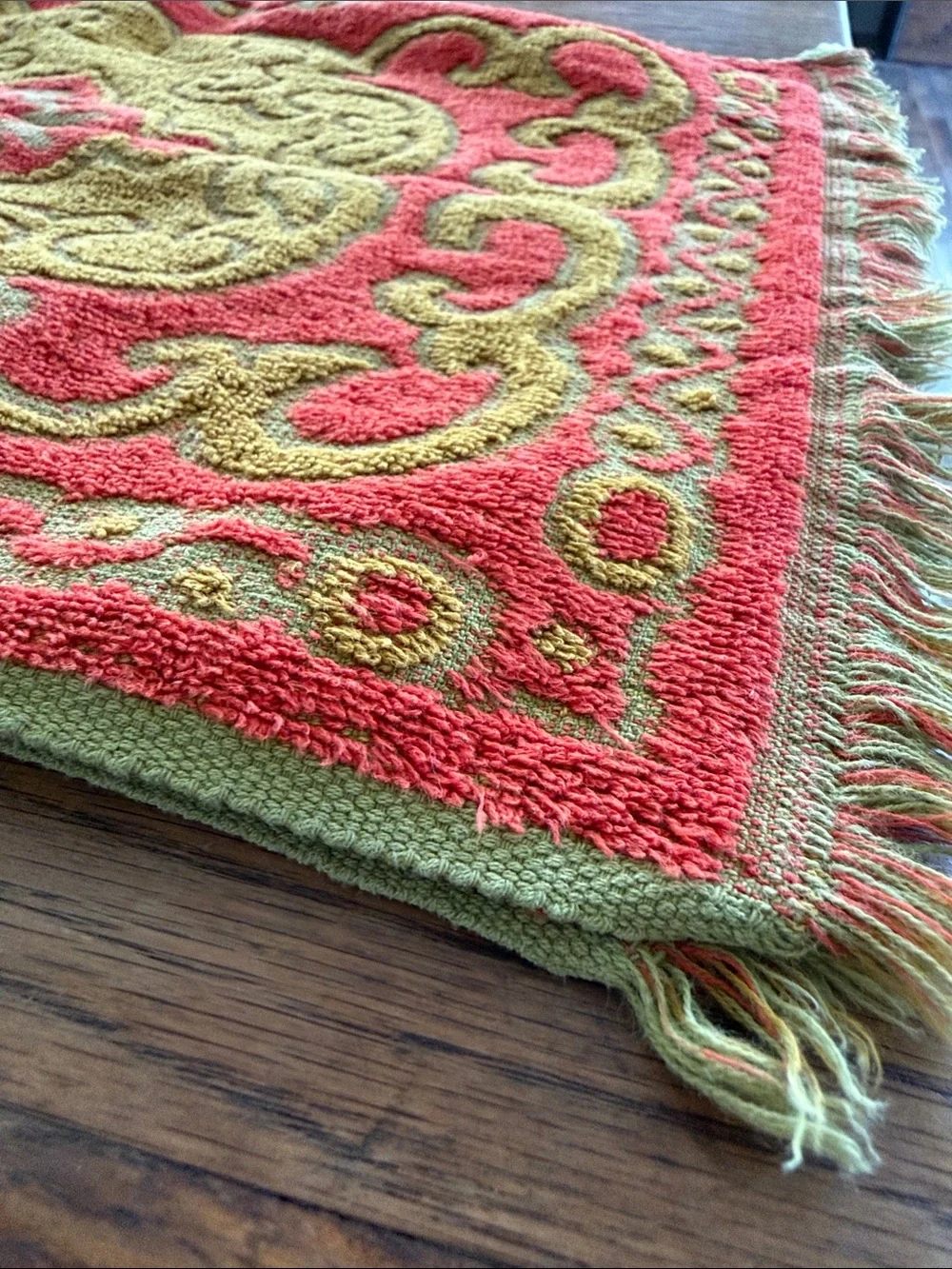 Vintage MCM Ornate Small Hand Towels in Olive Green, Orange and Mustard